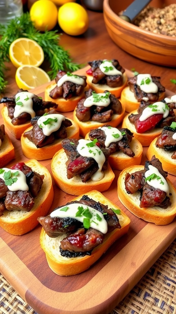 Savory Steak Crostini Appetizers Savory steak crostini appetizers on a wooden platter, with grilled steak, horseradish sauce, and herbs.